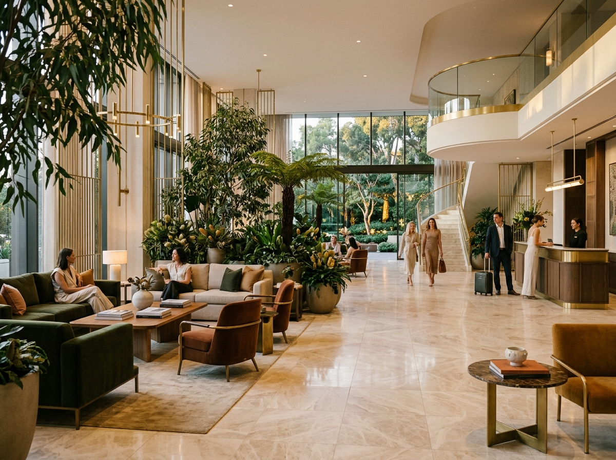 Elegant Australian hotel lobby with gold accents