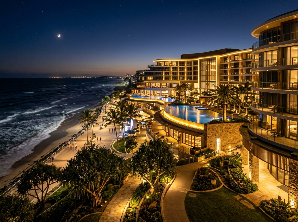Luxury Australian casino hotel at night